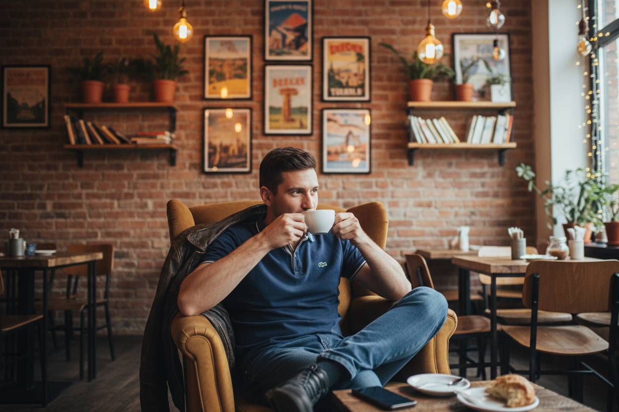 I man ware a polo t-shirt sit down on a coffee shop and dinking coffee 